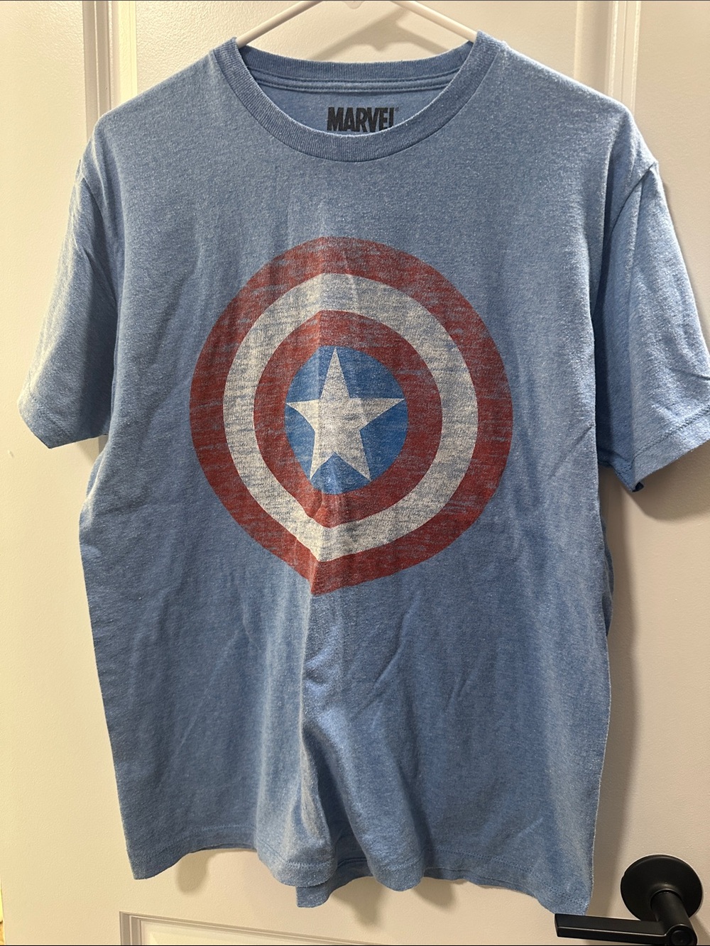 Marvel Men’s Captain America Shield Tee - Light Blue with Red & White